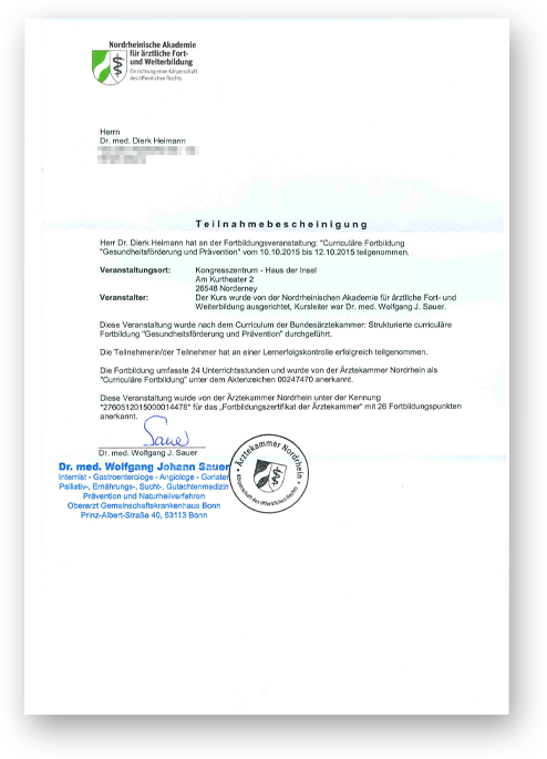 Zertifikat für Dr. med. Dierk Heimann zur Gesundheitsförderung und Prävention